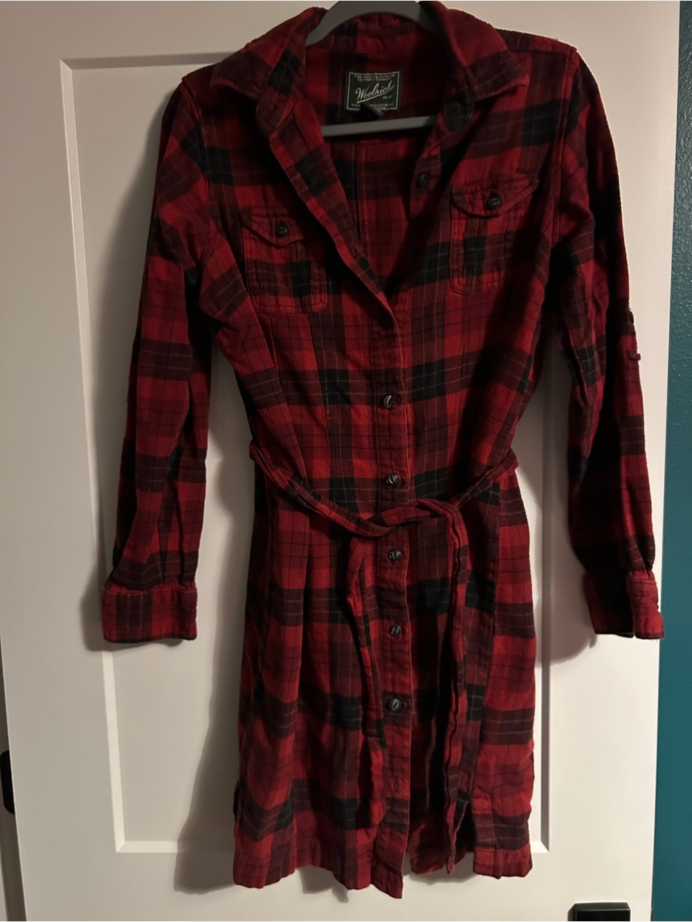 Woolrich Red and Black Plaid Long-Sleeve Shirt Dress with Waist Tie